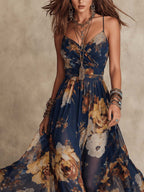 Rosalie™ | Navy Blue Floral Print Spaghetti Strap Maxi Dress