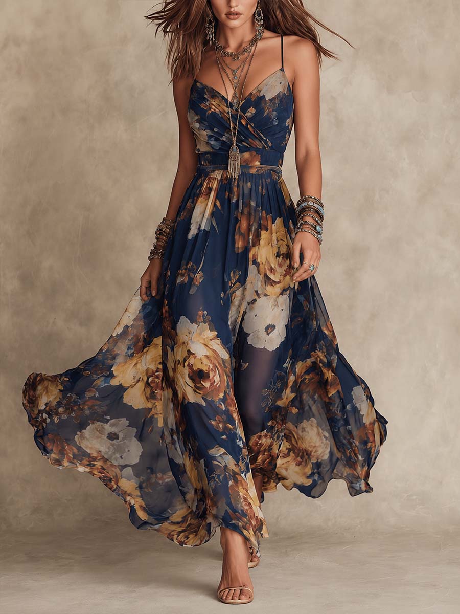 Rosalie™ | Navy Blue Floral Print Spaghetti Strap Maxi Dress