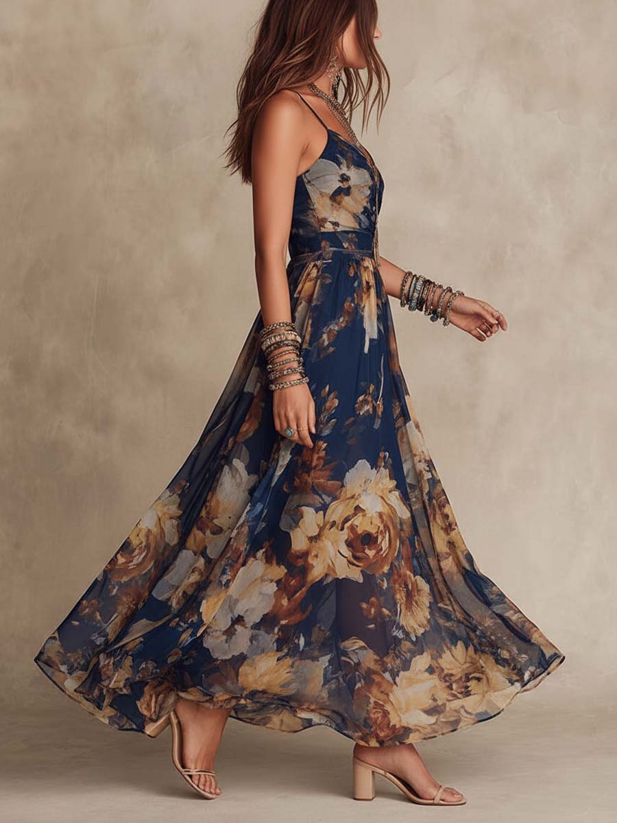 Rosalie™ | Navy Blue Floral Print Spaghetti Strap Maxi Dress